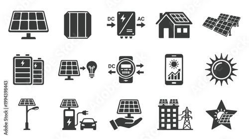 Premium Solar Energy and Smart Grid Solid Glyph Icon Set. Essential photovoltaic infrastructure, battery storage, and eco technology vector symbols for clean energy UI design