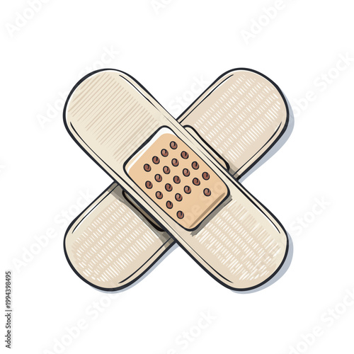 Two Crossed Adhesive Bandages with Textured Surface and Stitched Details