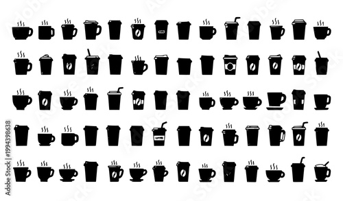 Coffee cup icon set with hot drink mugs and takeaway cups in clean flat vector illustration style EPS 10
