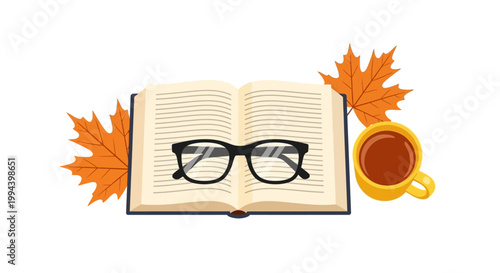 Cozy autumn reading scene featuring an open book with glasses, warm beverage, and vibrant fall leaves, symbolizing a peaceful and relaxing seasonal moment