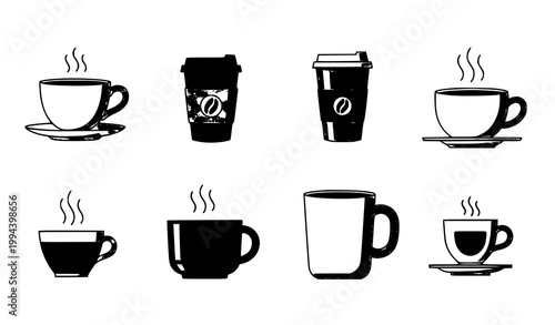 Coffee cup icon set with tea mugs and hot drink symbols in flat vector illustration EPS 10