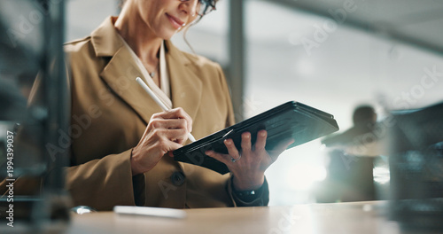 Photos Hands, journalism and tablet with business woman in office for online magazine or proofreading article