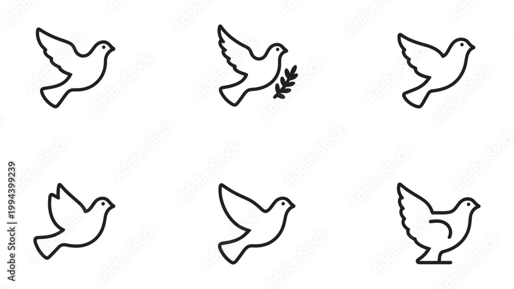 Fototapeta premium Symbols of Peace and Hope: A collection of graceful dove icons, each representing a timeless symbol of peace, serenity, and the aspiration for a better world.
