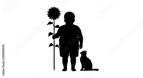 Silhouette of a Child Holding a Sunflower with a Cat.
