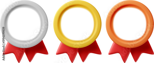 金銀銅のリアルな立体メダルと赤いリボンのセット 表彰やランキングに使える高品質アイコン風デザイン素材
