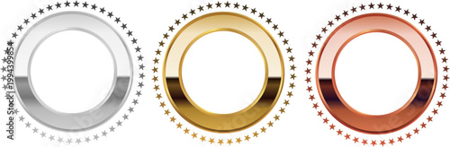 星装飾リングが輝くシルバー・ゴールド・ブロンズのメダル風ラウンドバッジセット高級感あるランキング素材