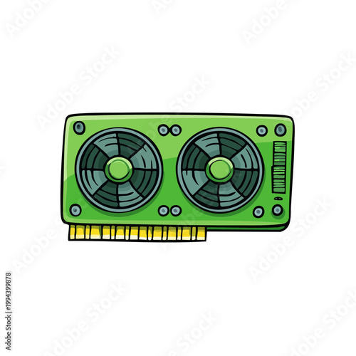 Cartoon illustration of a green dual fan graphics processing unit computer hardware