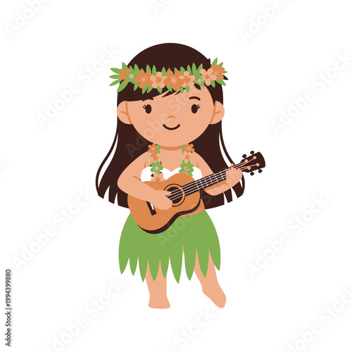 Cute Hawaiian Girl Playing Ukulele with Flower Crown 1.