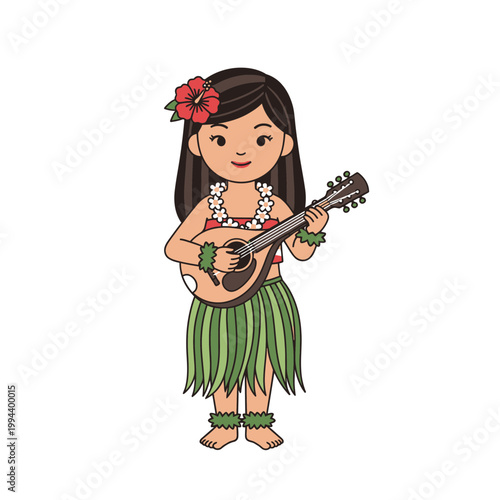 Cute Hawaiian Girl Playing Ukulele with Flower in Hair.