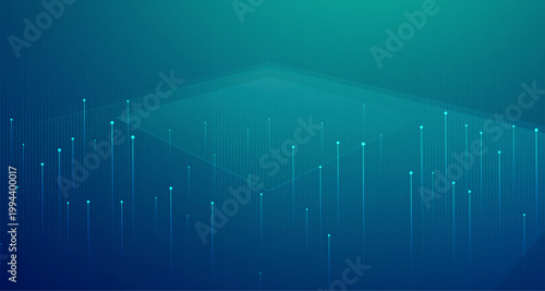 青からグリーンへのグラデーション上に点とラインが伸びる近未来的なデータ可視化をイメージしたテクノロジー背景素材