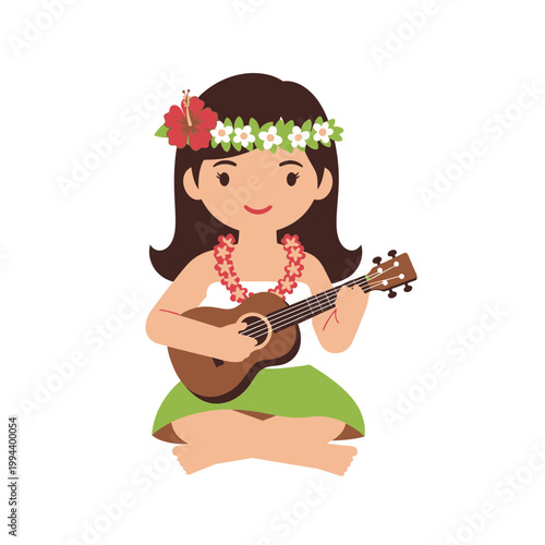 Cute Hawaiian Girl Playing Ukulele with Flower Lei 2.