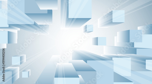 白を基調とした空間に浮遊する青い立体キューブが奥行きとスピード感を演出するビジネス向け抽象背景