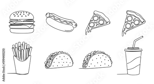Fast food continuous one line icon set with burger hot dog pizza tacos fries outline illustration vector