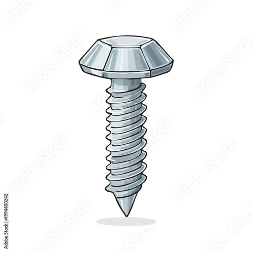 Detailed illustration of a silver metal self tapping screw with a hexagonal head and sharp point ready for insertion