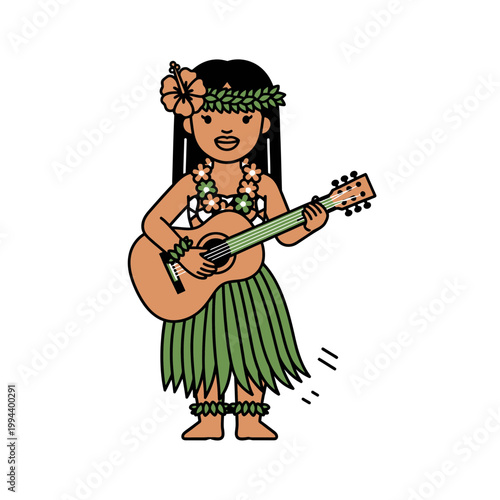 Hawaiian girl playing guitar with flower crown and lei.