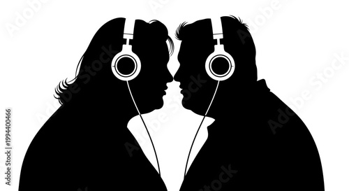 Silhouette of a Couple Listening to Music Together with Headphones.
