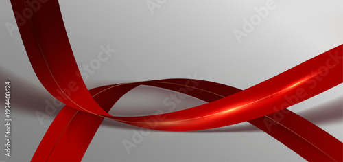 光沢のある赤いリボン状の流線形サーフェス 交差する滑らかな曲面が美しい3D抽象デザイン背景