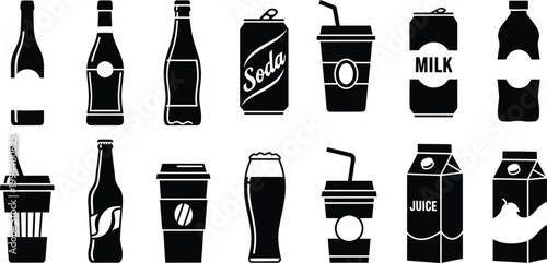 Black and white beverage including bottles cans and cups drink soda