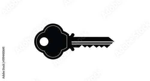 Minimalist black vector graphic illustration representing a vintage house key symbol designed for digital security applications and various iconography needs in modern user interface web projects
