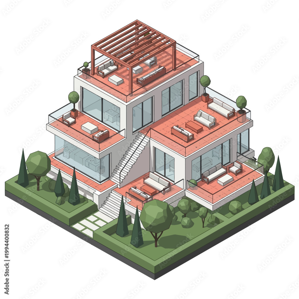 Fototapeta premium Modern multi-level house with rooftop patio.