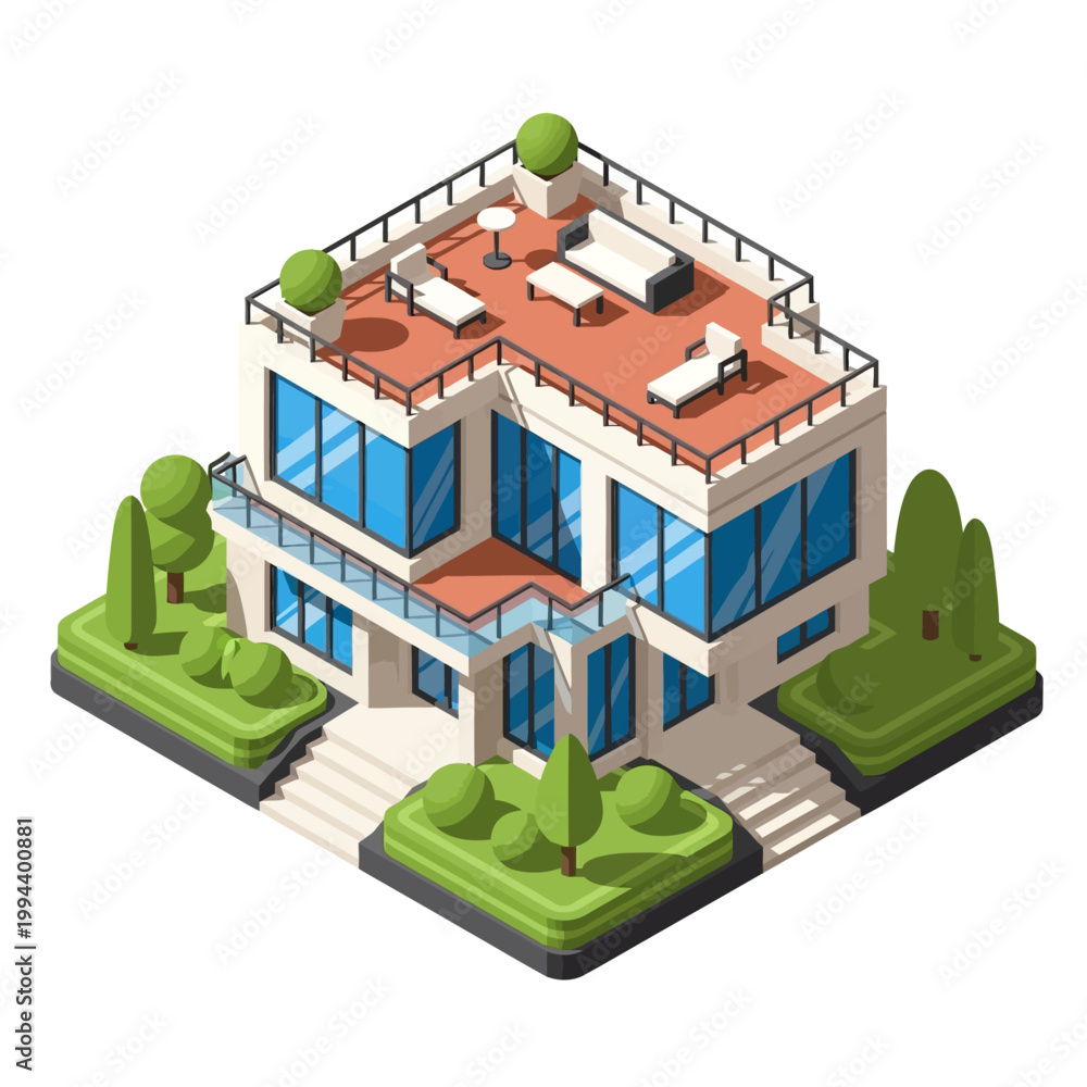Naklejka premium Modern house with rooftop patio and garden.