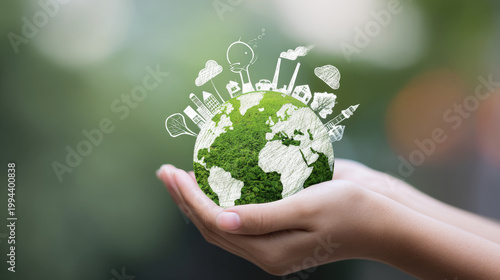 Hand of human holding green earth with the icon of Environment for ESG, co2, and net zero.World sustainable environment, save clean planet, Earth day and Ecology concept.