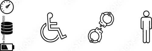 Accessibility and restriction icons set with wheelchair symbol, handcuffs, user figure, battery, database, and clock for disability access, security, and system concepts