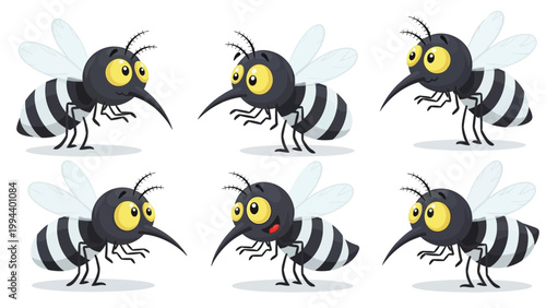 Set of cartoon mosquitoes with different facial expressions for a fun and playful design