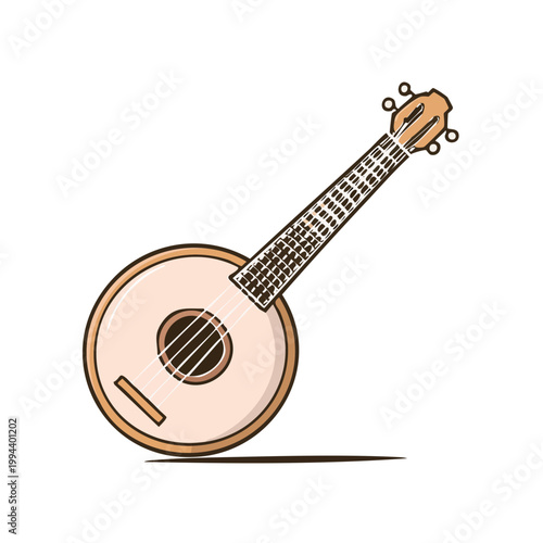 Flat Vector Illustration of a Traditional Round Stringed Instrument with a Long Neck