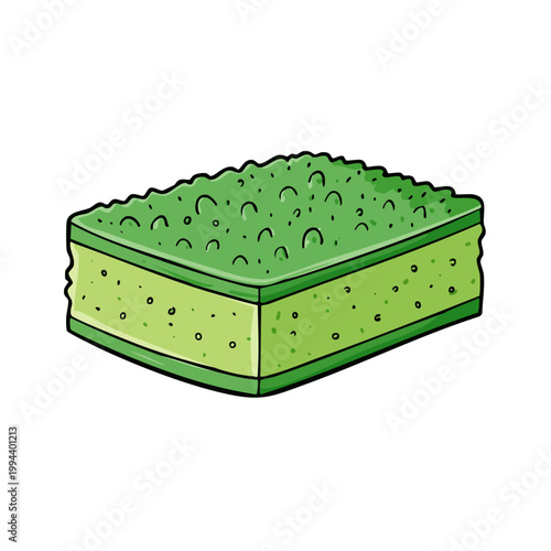 Green rectangular sponge with a textured surface and layered construction for cleaning