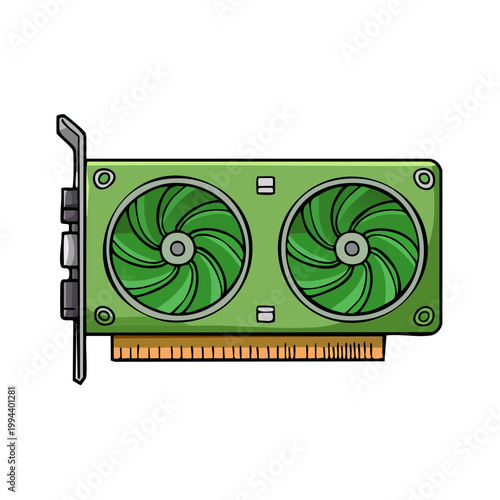 Computer graphics card with dual green cooling fans and electronic components stylized illustration
