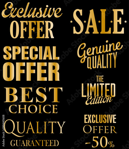 ブラック背景に映えるゴールドの高級英字タイポグラフィを集めたラグジュアリーセール広告デザイン素材セット