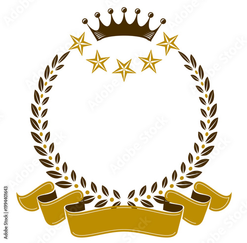 高級感あふれる王冠と月桂樹リースとリボンフレームのゴールドエンブレム装飾素材・ラグジュアリーでクラシックな表彰デザイン背景