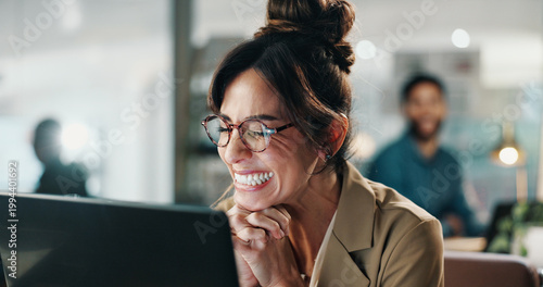 Obraz na plátně Woman, laptop and smile in office with celebration, networking and excited for deal