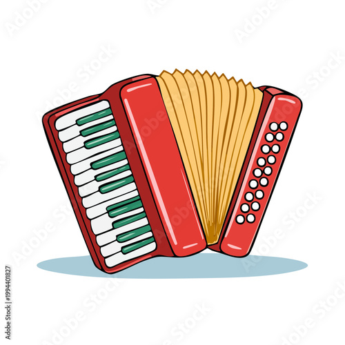 Red Accordion Musical Instrument with Keyboard and Bellows Cartoon Illustration