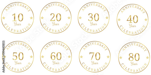 10年から80年までの周年記念ゴールドバッジセット・アニバーサリーセレブレーション用高級円形ラベルデザイン素材集