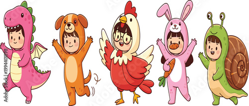 Set of five cute cartoon kids wearing animal costumes including pink dragon dinosaur dog chicken rooster rabbit bunny and snail vector illustration collection