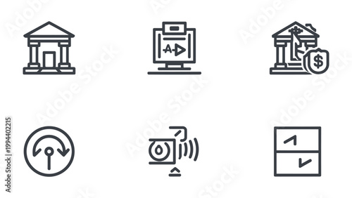Digital Banking and Financial Icons: A set of modern, minimalist line icons related to banking, finance, and digital services, ideal for web design and app interfaces.