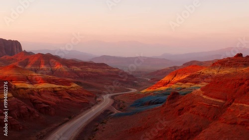 Scenic aerial drone of winding road through colorful canyon landscape at sunset 4K Ai HD high quality video.