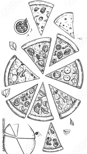 Illustration of sliced pizzas and pie charts.