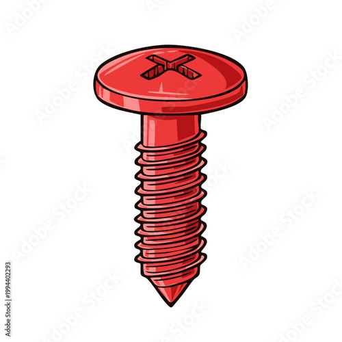 Bright Red Metal Screw with Cross Head Fastener Detailed Illustration