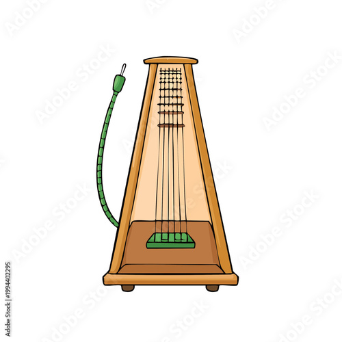 Wooden pyramidal metronome with green mechanism for musical rhythm