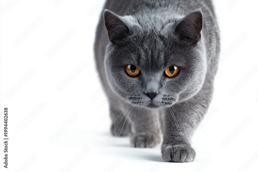 Fototapeta premium british shorthair cat walking on white background, cute british shorthair approaching camera isolated on white, full body british shorthair cat at eye level on white studio background