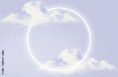淡いパステルカラーの空に浮かぶ雲と円形フレームのミニマル背景デザイン、やわらかな光とぼかし表現が美しい抽象グラフィック素材