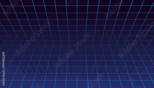 ネオンブルーのグリッドが広がる仮想空間を表現したレトロフューチャー風サイバー背景と遠近感のあるデジタル世界