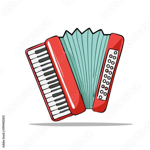 Red accordion musical instrument with keyboard and bellows in a simple illustration style
