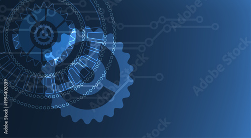 未来志向のデジタルトランスフォーメーションを象徴する歯車と回路ネットワークが重なる青基調の抽象テクノロジー背景素材