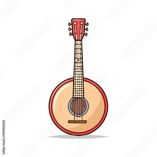 Red and tan stringed instrument with round body and fretted neck, isolated on white