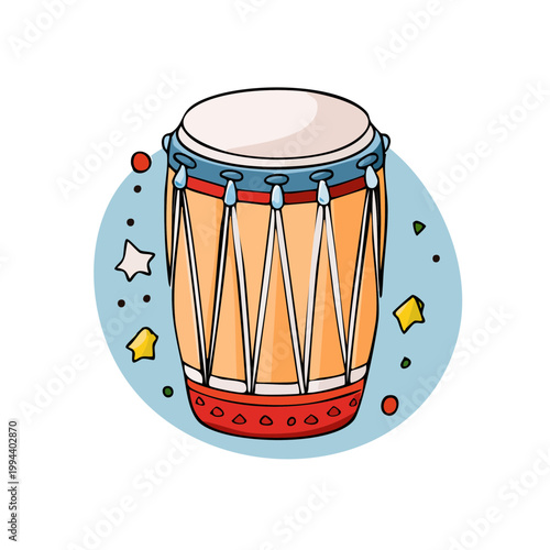 Vibrant Bongo Drum Illustration with Festive Stars and Dots