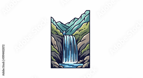 Majestic waterfall cascades down rocky mountains into a serene pool below